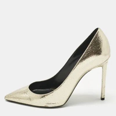Pre-owned Saint Laurent Gold Texture Leather Anja Pointed Toe Pumps Size 39