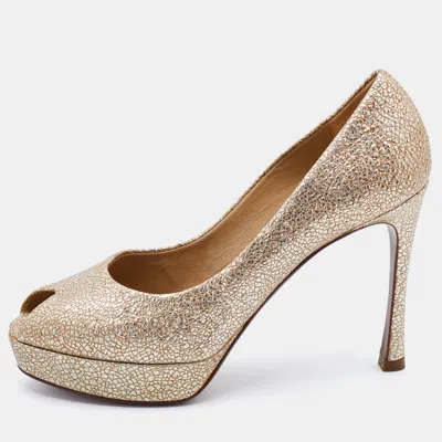 Pre-owned Saint Laurent Gold Textured Leather Peep Toe Platform Pumps Size 37.5