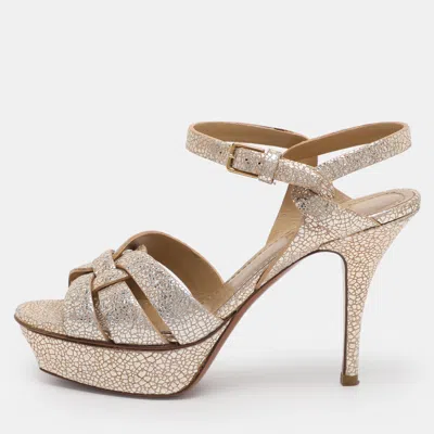 Pre-owned Saint Laurent Gold Textured Leather Tribute Platform Sandals Size 36