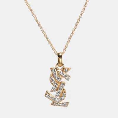 Pre-owned Saint Laurent Gold Tone Crystal Logo Necklace