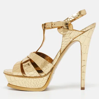 Pre-owned Saint Laurent Gold Tribute Ankle Wrap Sandals Size 40