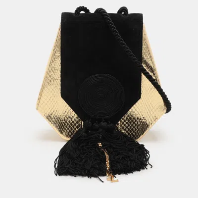 Pre-owned Saint Laurent Gold/black Snakeskin Embossed Leather And Suede Opium Shoulder Bag