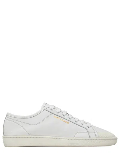 Saint Laurent Gold-tone Signature Leather Lace-up Sneakers In White