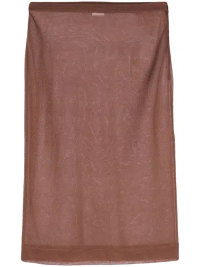 Saint Laurent Paris Women Sheer Silk Knitted Pencil Skirt In Brown