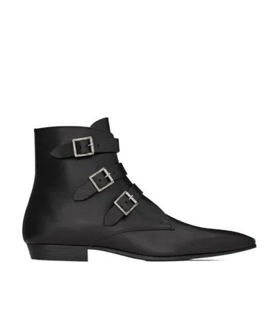 Saint Laurent Goth Leather Buckle Boots In Black