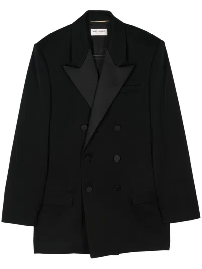 Saint Laurent Double-breasted Satin-trimmed Grain De Poudre Wool Blazer In Black