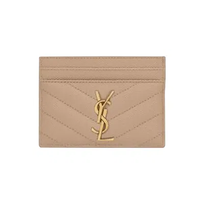Pre-owned Saint Laurent Grain De Poudre Card Case 'dark Beige' In Tan