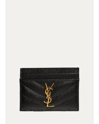 Saint Laurent Grain De Poudre Leather Cassandre Card Case In Black