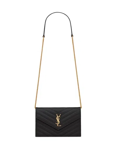Saint Laurent Grain De Poudre Leather Cassandre Envelope Chain Wallet Bags In Black