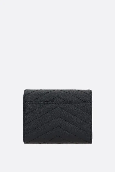 Saint Laurent Grain De Poudre Leather Cassandre Matelassé Compact Tri Fold Wallet Accessories In Black