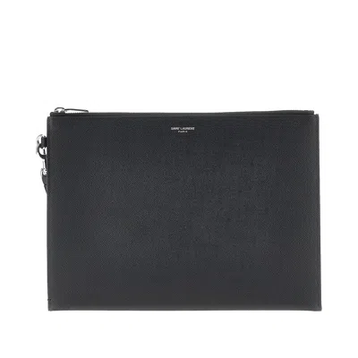 Saint Laurent Grain De Poudre Leather Tablet Holder Pouch In Black