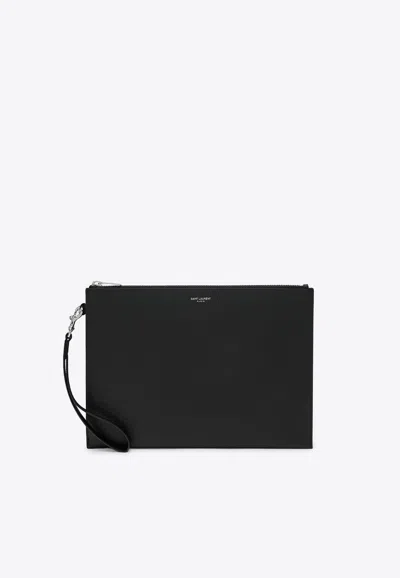 Saint Laurent Grain De Poudre Leather Zipped Pouch In Black