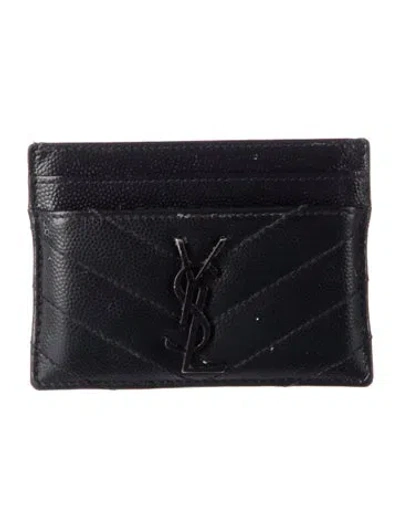 Pre-owned Saint Laurent Grain De Poudre Matelasse Chevron Monogram Leather Wallet In Black