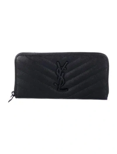 Pre-owned Saint Laurent Grain De Poudre Matelasse Chevron Monogram Zip Around Wallet Quilted Pattern Continental Wallet In Black