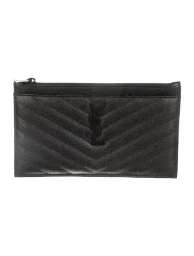 Pre-owned Saint Laurent Grain De Poudre Matelassé Monogram Bill Pouch Chevron Wallet In Black