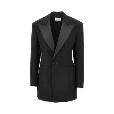 Saint Laurent Grain De Poudre Single-breasted Tuxedo Jacket In Black