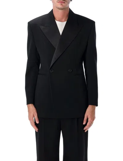 Saint Laurent Grain De Poudre Tuxedo Jacket With Satin Peak Lapels And Double-breasted Front In Black