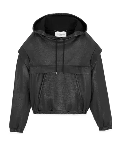 Saint Laurent Grain Hooded Leather Jacket In Black