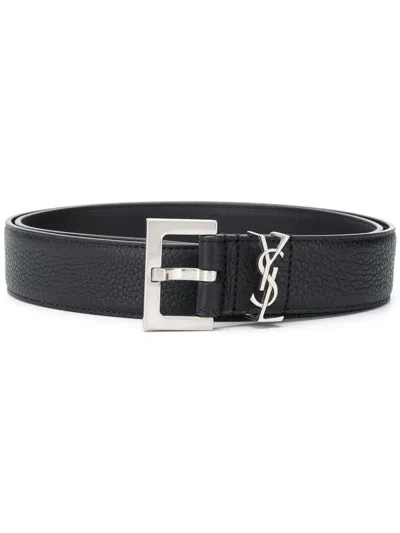 Saint Laurent Grained Calf Leather Belt In Black