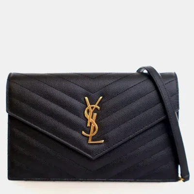 Pre-owned Saint Laurent Grained Calfskin Cassandre Envelope Wallet On Chain (woc) In Black