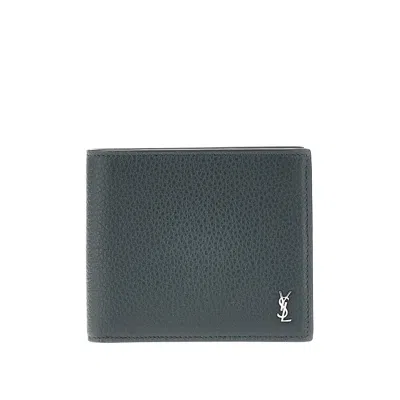 Saint Laurent Grained Leather Bi-fold Wallet In Blue