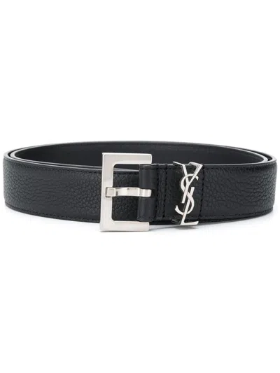 Saint Laurent Grained Leather Cassandre Belt Accessories In Black