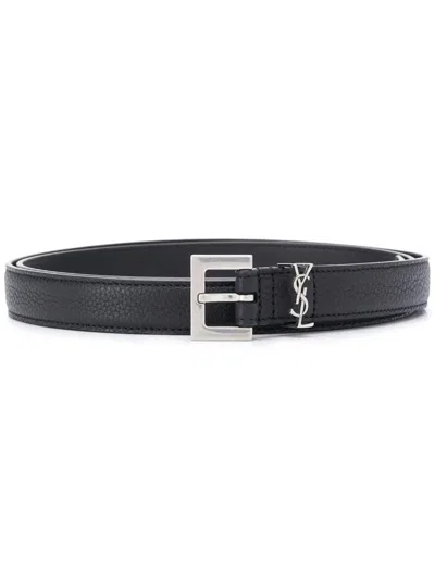 Saint Laurent Grained Leather Cassandre Thin Belt With Square Buckle Accessories