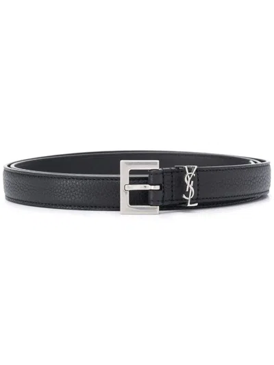 Saint Laurent Grained Leather Cassandre Thin Belt With Square Buckle Accessories In Black