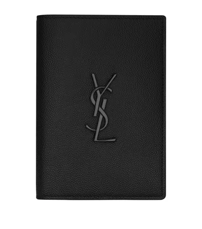 Saint Laurent Grained Leather Monogram Card Holder In Black