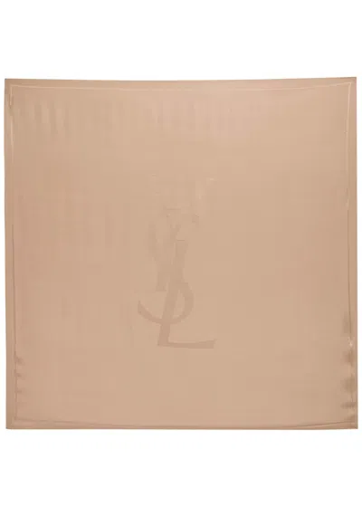 Saint Laurent Grand Logo-jacquard Silk Scarf In Neutral