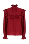 Saint Laurent Ruffled Floral Silk-jacquard Blouse In Red