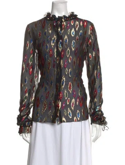 Pre-owned Saint Laurent Graphic Print Long Sleeve Blouse In Black/metallic