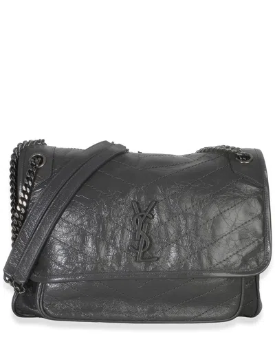 Pre-owned Saint Laurent Gray Crinkled Calfskin Matelasse Large Niki Chain Satchel  (authentic Pre-loved)