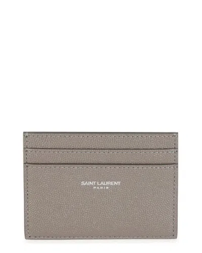 Pre-owned Saint Laurent Gray Grain De Poudre Leather Credit Card Case (authentic Pre-loved)