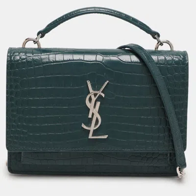 Pre-owned Saint Laurent Green Croc Embossed Leather Sunset Crossbody Bag