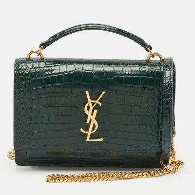 Pre-owned Saint Laurent Green Croc Embossed Leather Sunset Wallet On Chain