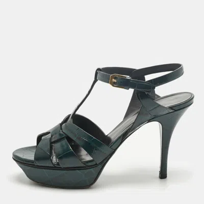 Pre-owned Saint Laurent Green Croc Embossed Leather Tribute Ankle Strap Sandals Size 38
