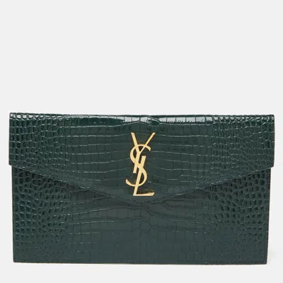Pre-owned Saint Laurent Green Croc Embossed Leather Uptown Pouch