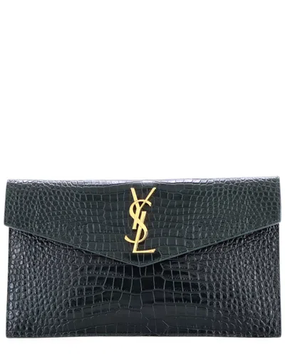 Saint Laurent Green Croc-embossed Sheep Leather Uptown Pouch (authentic Pre-  Loved) In Blue