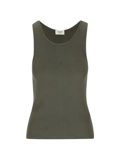 Saint Laurent Green Embroidered Logo Tank Top
