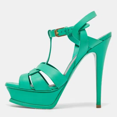 Pre-owned Saint Laurent Green Leather Tribute Ankle Strap Sandals Size 36.5