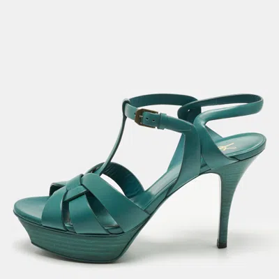 Pre-owned Saint Laurent Green Leather Tribute Ankle Strap Sandals Size 39