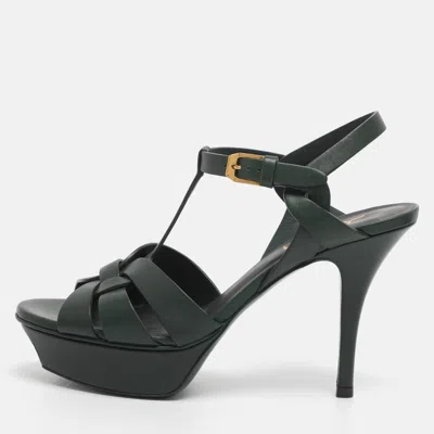 Pre-owned Saint Laurent Green Leather Tribute Platform Sandals Size 36