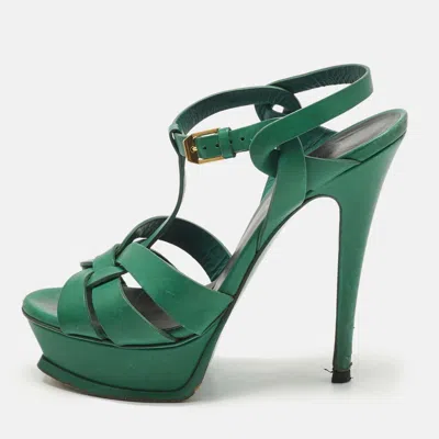 Pre-owned Saint Laurent Green Leather Tribute Platform Sandals Size 36.5