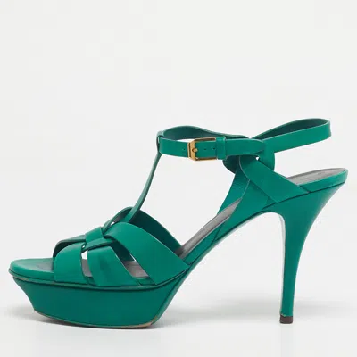 Pre-owned Saint Laurent Green Leather Tribute Platform Sandals Size 39