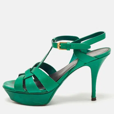 Pre-owned Saint Laurent Green Leather Tribute Sandals Size 38