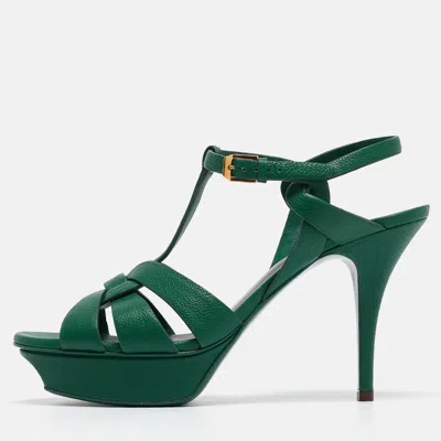 Pre-owned Saint Laurent Green Leather Tribute Sandals Size 40