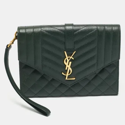 Pre-owned Saint Laurent Green Mixed Quilted Leather Envelope Flap Wristlet Clutch