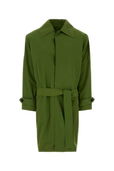 Saint Laurent Nylon Trench Coat Belted Waist Buttons In Green