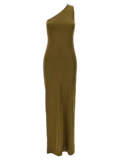 SAINT LAURENT GREEN ONE-SHOULDER SILK LONG DRESS